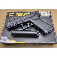 Страйкбольний металевий пістолет Глок Glock 17 С15А з глушником, кульки 6 мм Чорний